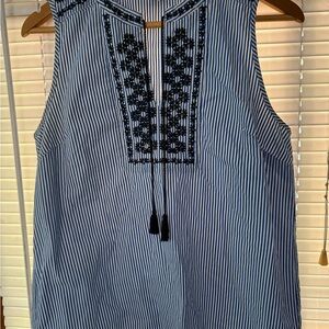 J. Crew Blue and White Striped Blouse with Black Embroidery